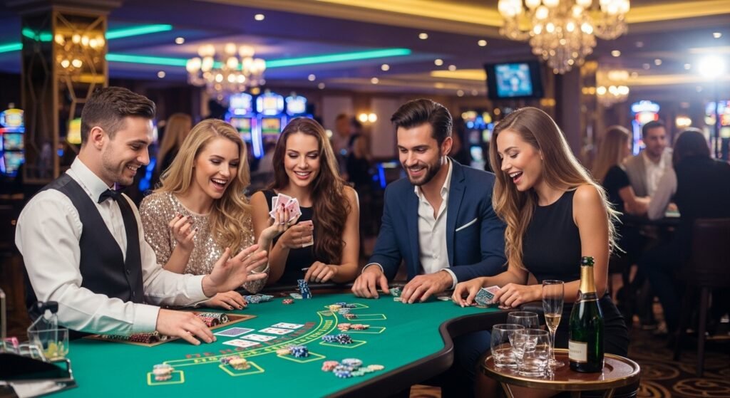 Young People Having Fun at a Blackjack Table in a Lively Casino