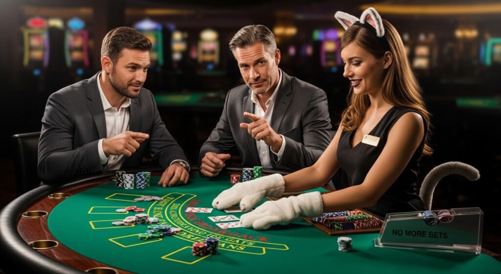 Two Men Playing Blackjack at a Table with a Female Dealer Wearing a Cat Costume