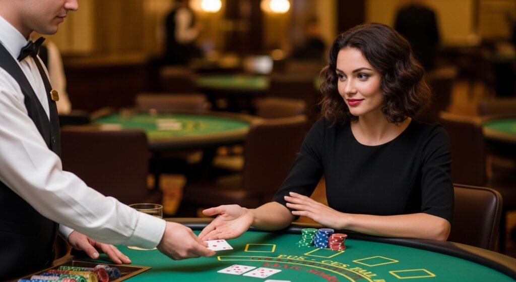 Woman Being Dealt a Blackjack hand with Two Tens