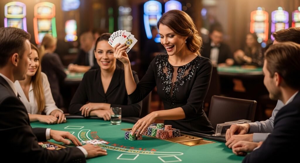 Woman Celebrating a Winning Hand at Blackjack Table