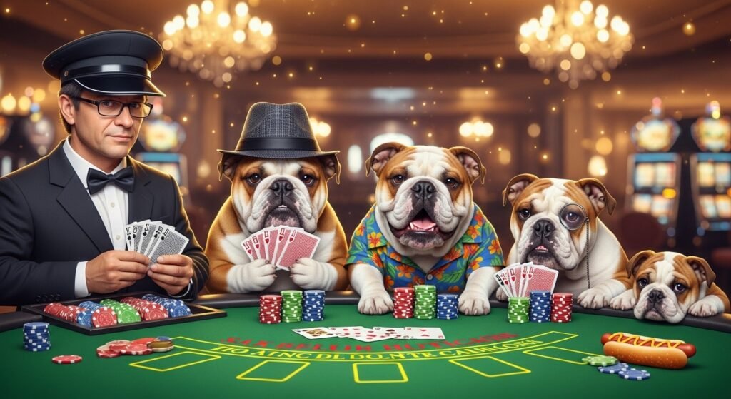 Bulldogs Playing Blackjack in a Casino