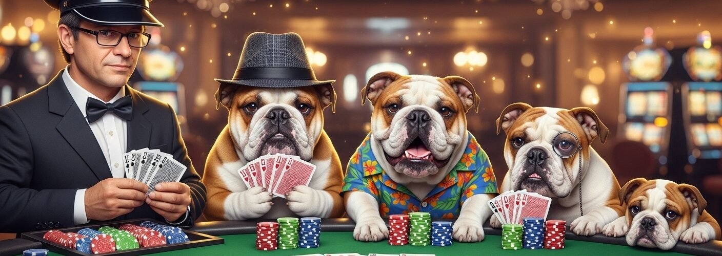Bulldogs Playing Blackjack in a Casino