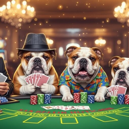Bulldogs Playing Blackjack in a Casino
