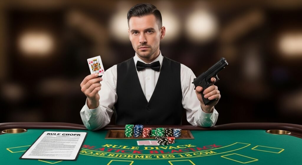 Blackjack Dealer with a Gun and a Rule Book Dealing Cards