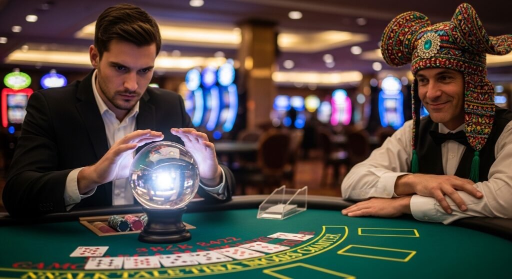 Blackjack Player Holding a Crystal Ball While Dealer Wears a Swami Hat