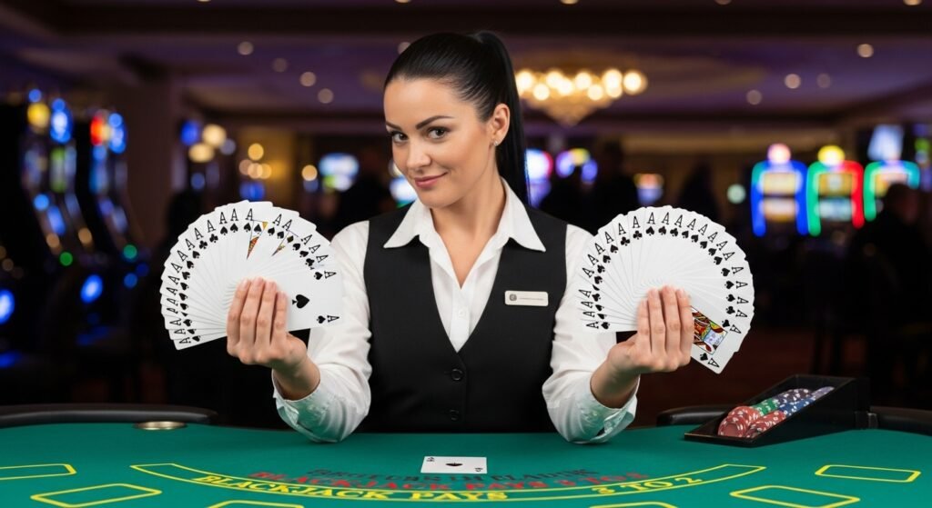 Blackjack Dealer Holding up Both Hands Filled with Aces