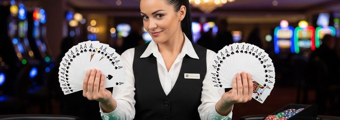 Blackjack Dealer Holding up Both Hands Filled with Aces