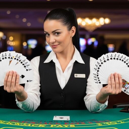Blackjack Dealer Holding up Both Hands Filled with Aces