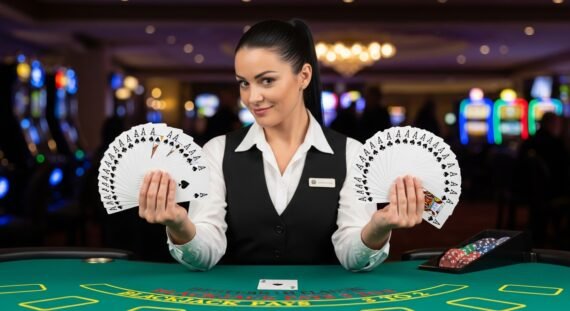 Blackjack Dealer Holding up Both Hands Filled with Aces