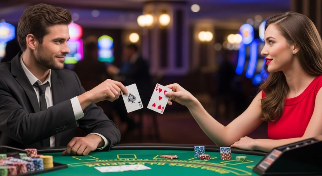 Man and Woman Exchanging Their Blackjack Cards with Each Other