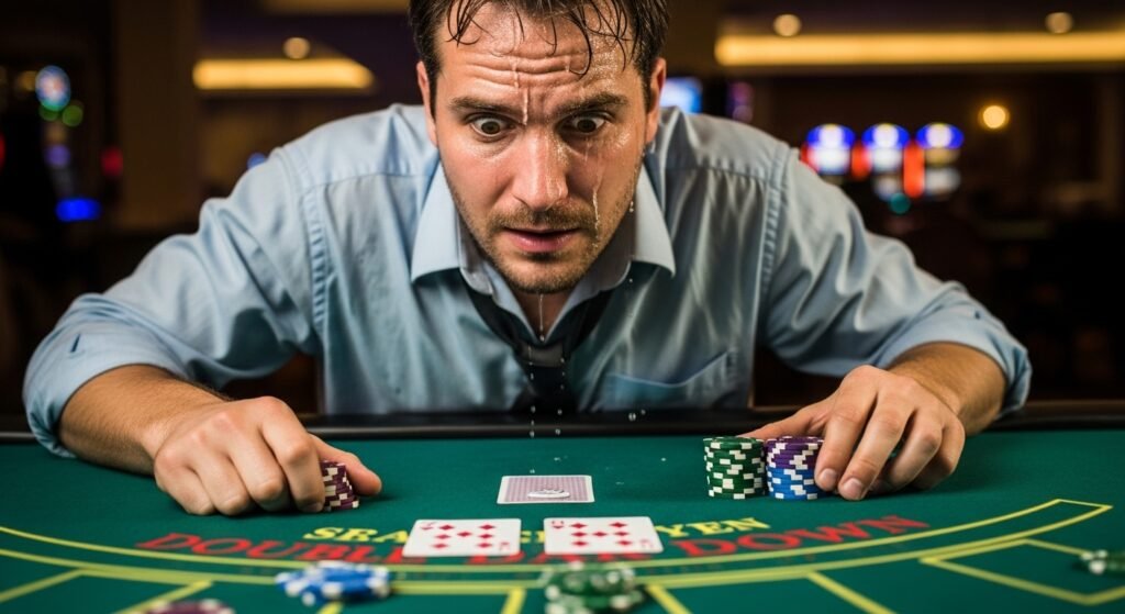 Excited Blackjack Player Sweating Profusely While Doubling Down