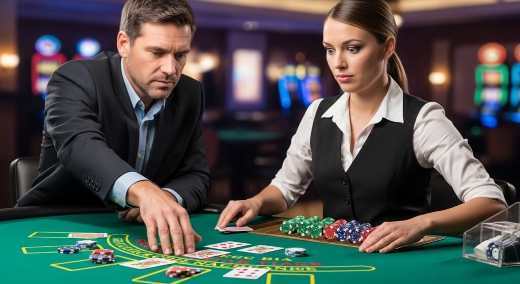 Blackjack Player Hitting on a Hard 17 While Dealer Grimaces