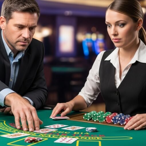 Blackjack Player Hitting on a Hard 17 While Dealer Grimaces