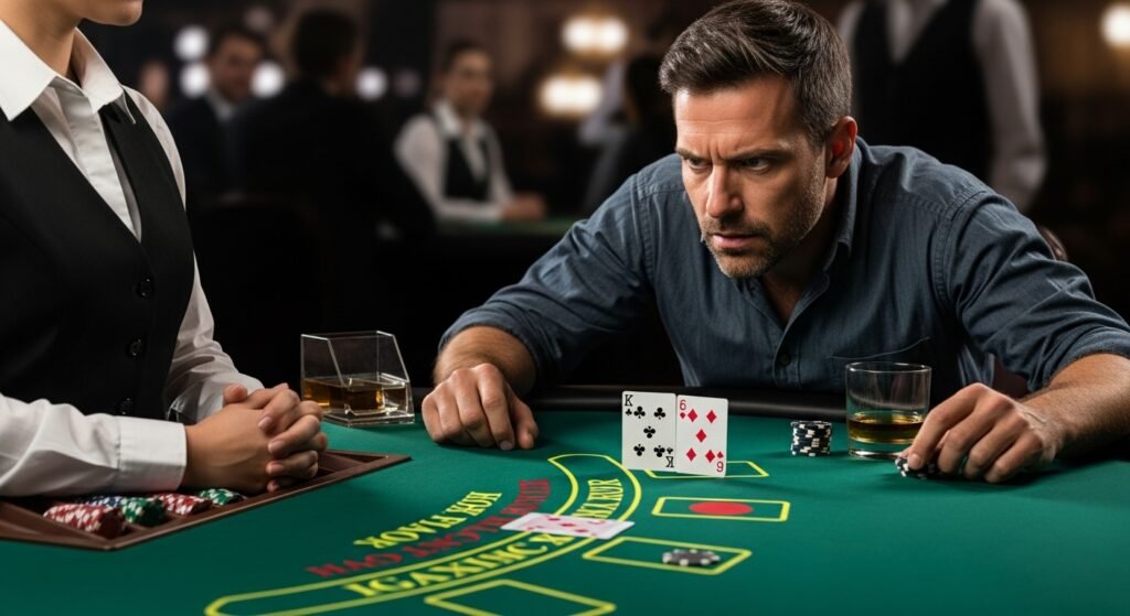 Frustrated Blackjack Player Trying to Decide Whether to Hit or Stand