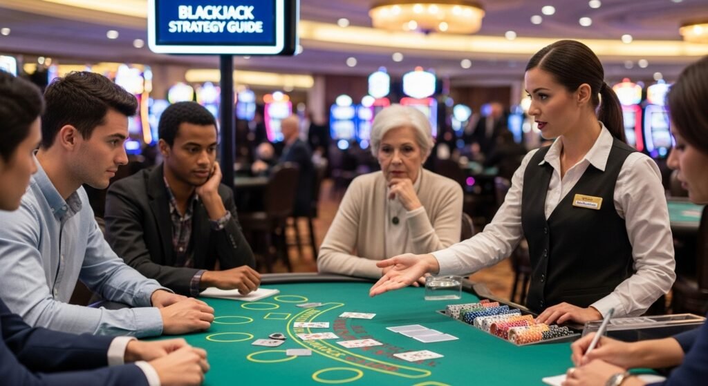 People Learning Blackjack Strategies From a Dealer in a Casino
