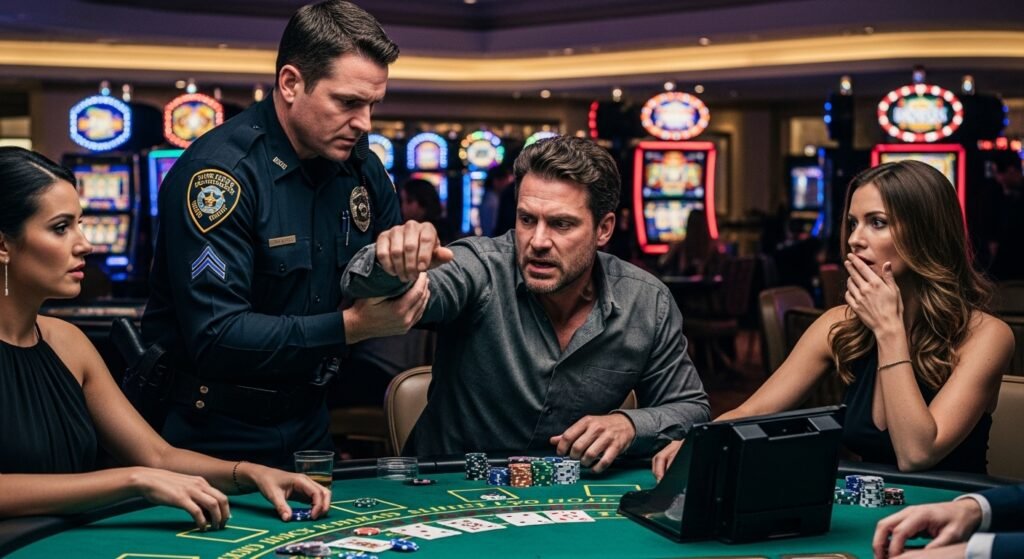 Police Officer Arresting a Blackjack Player in a Casino