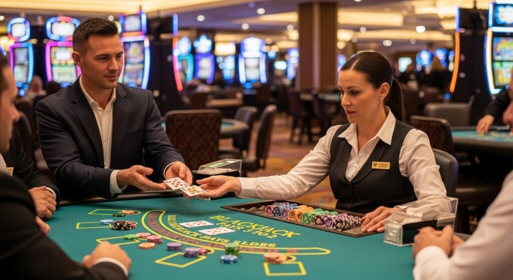 Blackjack Player Dealing Cards to the Dealer at a Blackjack Table in a Casino
