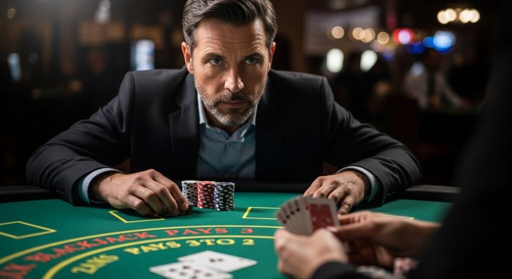 Blackjack Player Staring at the Deck of Cards