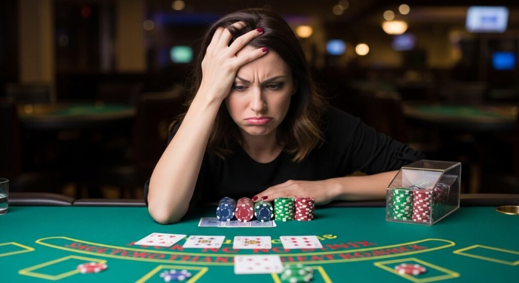 Blackjack Player Holding Her Hand to Her Forehead and Looking Disgusted