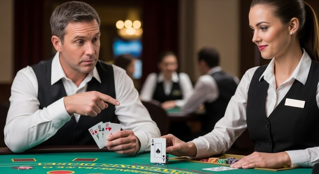 Blackjack Player Taking Insurance While the Dealer Laughs