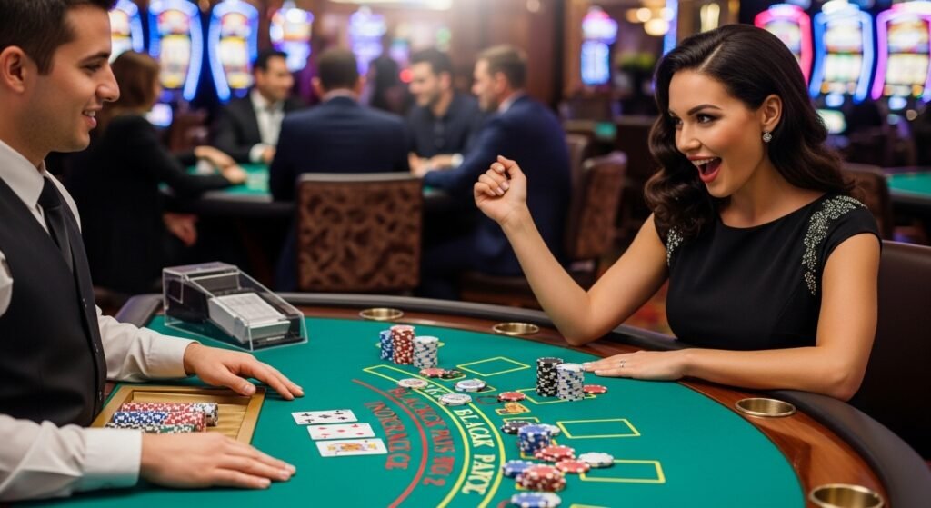 Woman Getting a Blackjack at a Blackjack Table in a Casino