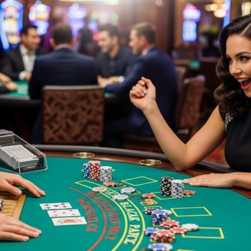 Woman Getting a Blackjack at a Blackjack Table in a Casino