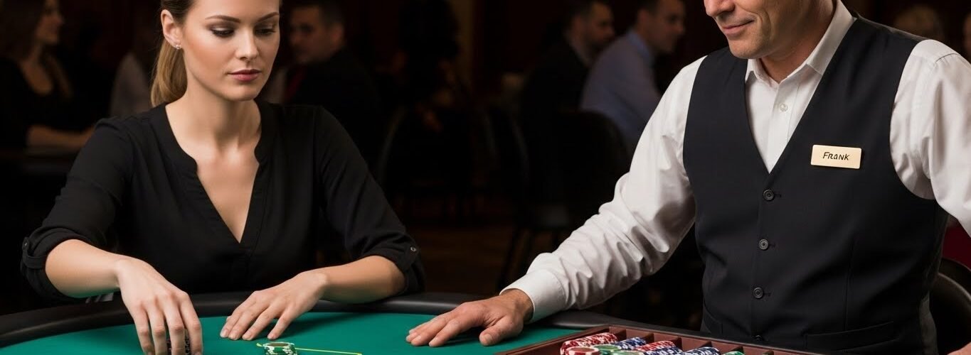 Female Blackjack Player Doubles Down While Dealer Smirks