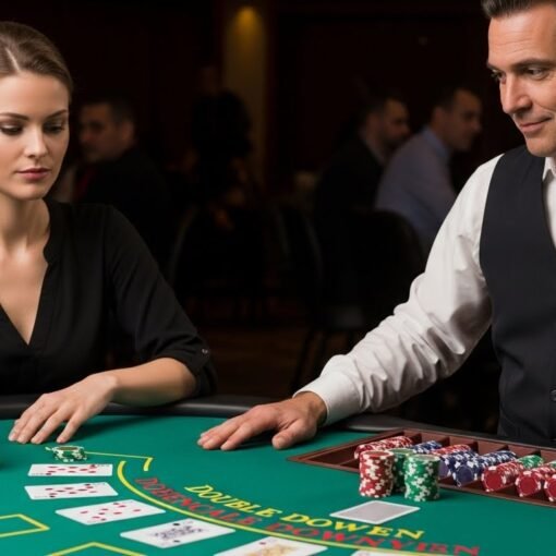 Female Blackjack Player Doubles Down While Dealer Smirks