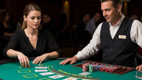 Female Blackjack Player Doubles Down While Dealer Smirks