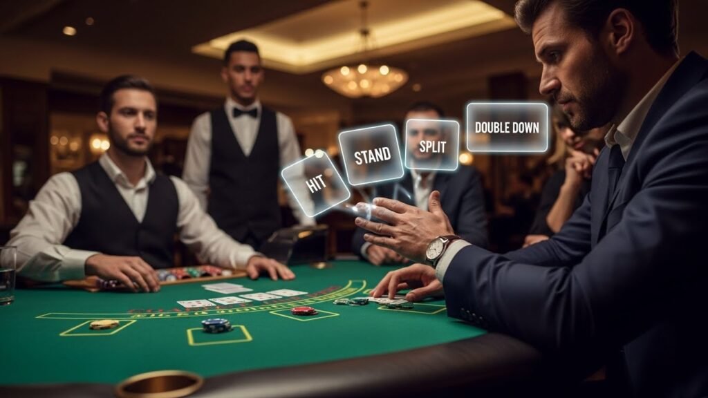 Blackjack Player Trying to Hit, Stand, Split and Double Down