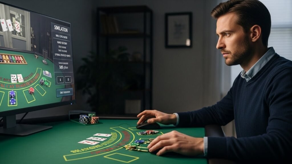 Blackjack Player Practicing With Simulations Before Playing for Real