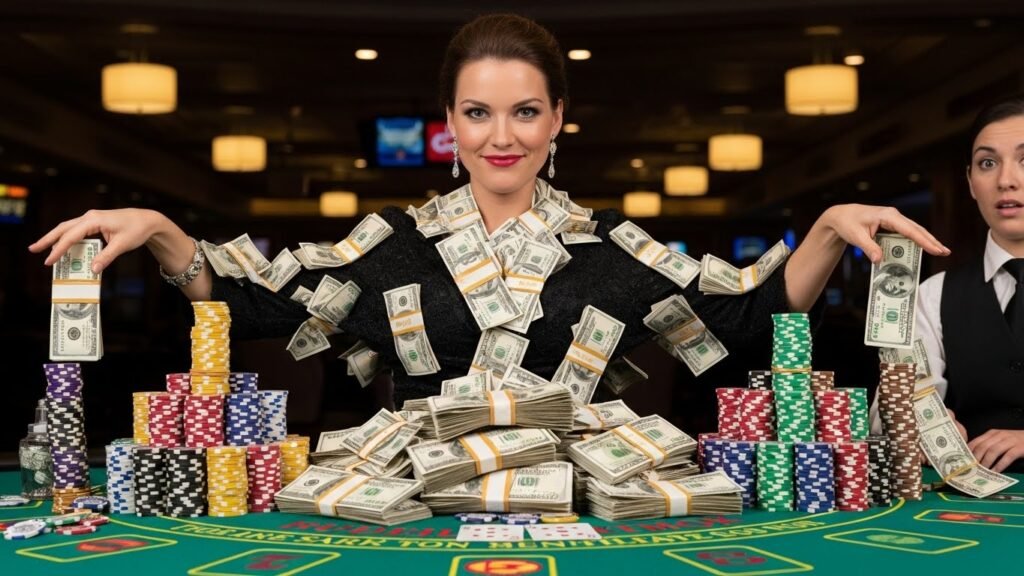 Blackjack Player With Enormous Stacks of Chips and Money Stuffed in Her Dress