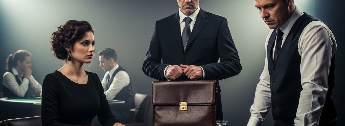 Blackjack Player With Her Banker Holding a Briefcase While Dealer Frowns