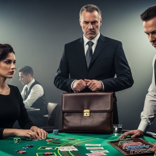 Blackjack Player With Her Banker Holding a Briefcase While Dealer Frowns