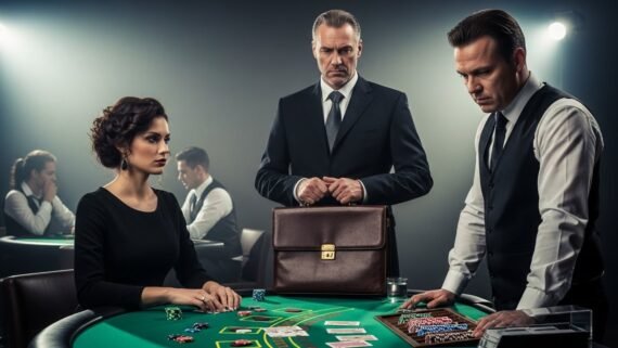 Blackjack Player With Her Banker Holding a Briefcase While Dealer Frowns
