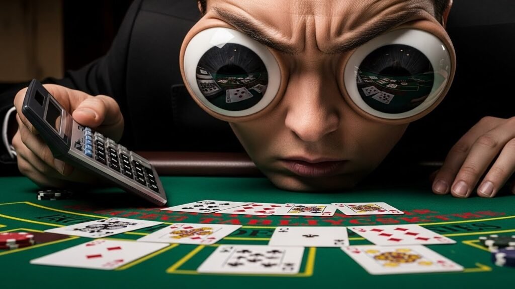 Blackjack Player With Huge Eyes Watching the Cards and Holding a Calculator