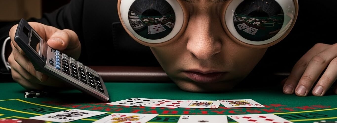 Blackjack Player With Huge Eyes Watching the Cards and Holding a Calculator