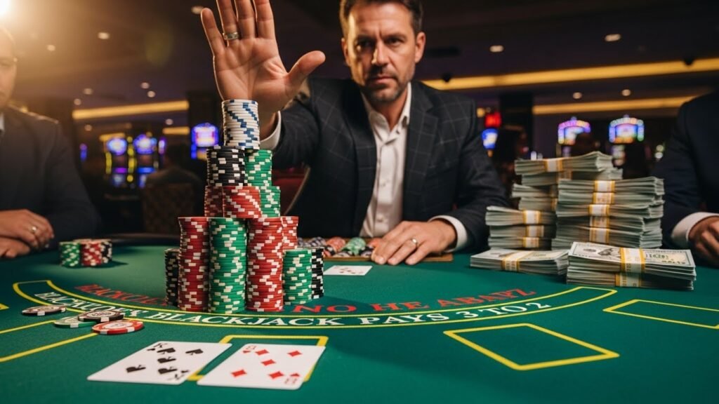 Blackjack Player Raising Bet with Huge Stack of Chips