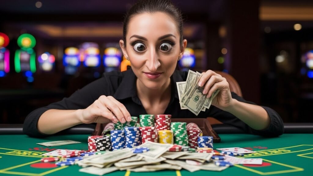 Blackjack Player With Big Eyes and a Long Nose Counting Her Winnings