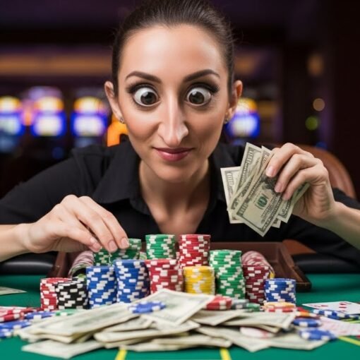 Blackjack Player With Big Eyes and a Long Nose Counting Her Winnings