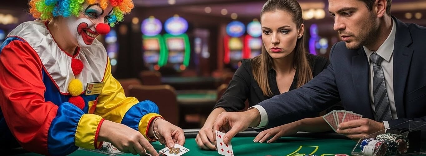 Blackjack Players Splitting Aces and Eights While Dealer Wears Clown Costume