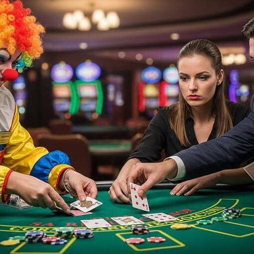 Blackjack Players Splitting Aces and Eights While Dealer Wears Clown Costume