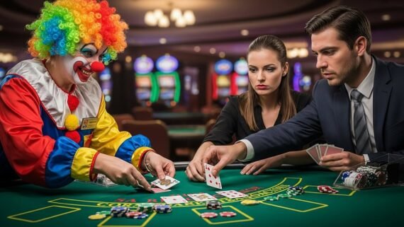 Blackjack Players Splitting Aces and Eights While Dealer Wears Clown Costume