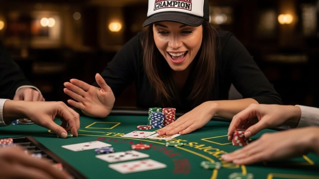 Blackjack Player Celebrating Her Blackjack Hand While Wearing a Championship Hat