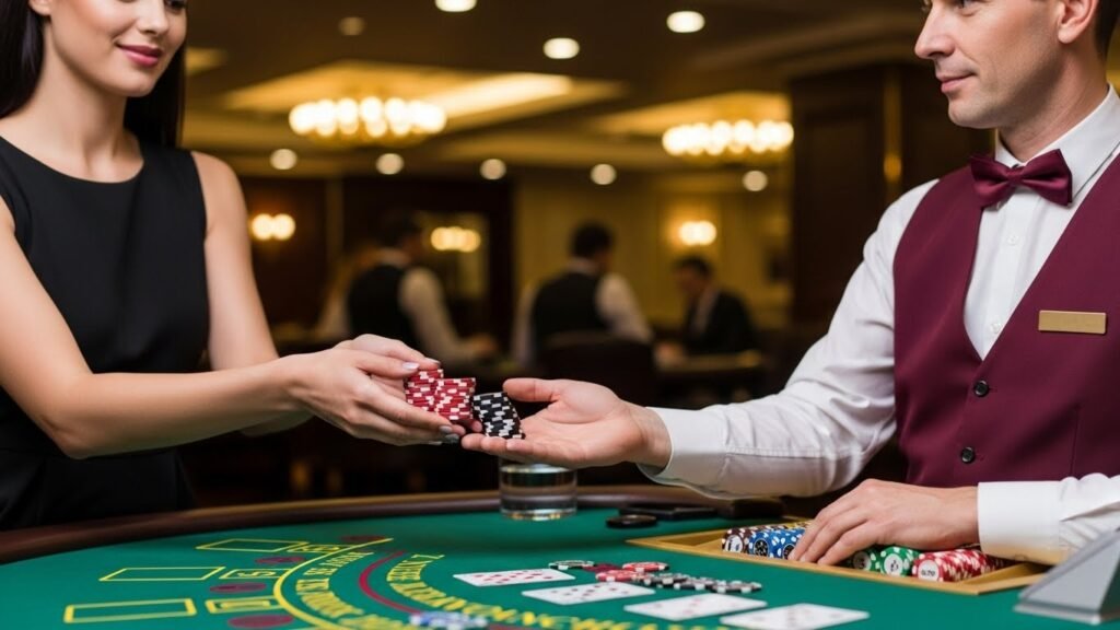 Blackjack Player Handing Her Winnings to Her Banker