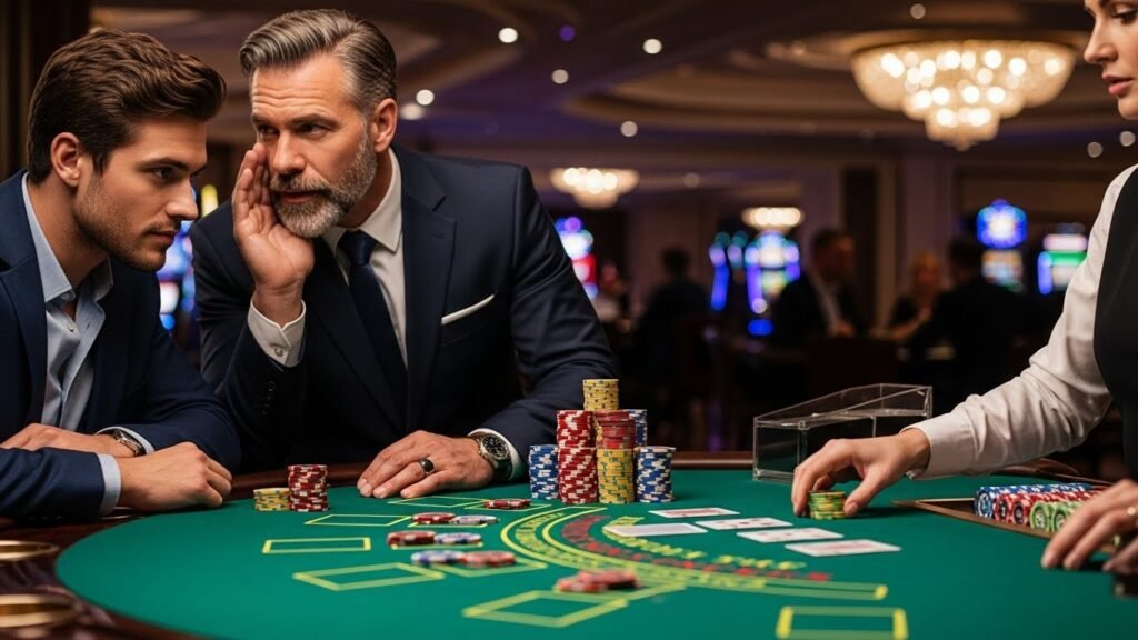 Blackjack Player With Large Stack of Chips Whispering Advice to Other Player