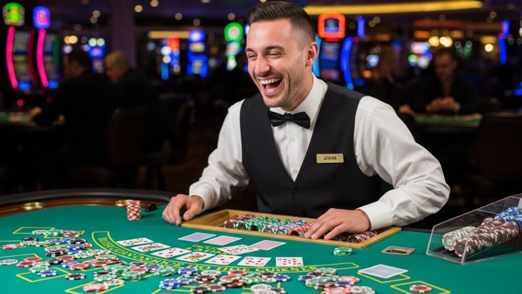 Blackjack Dealer Laughing at The Table of Losing Bets