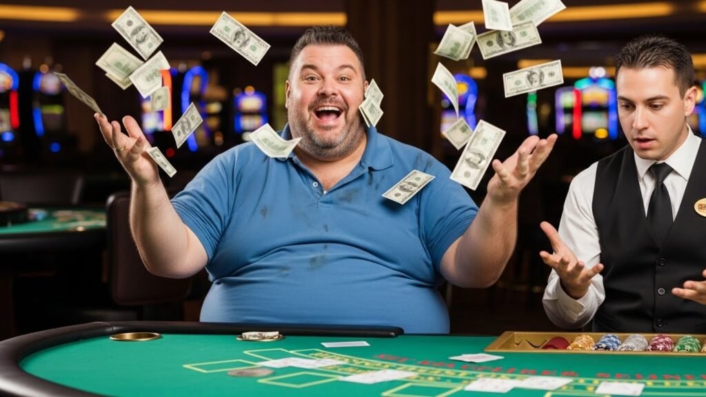 Very Obese Blackjack Player Throwing His Money in The Air