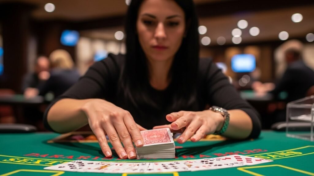 Blackjack Player with Her Hand on the Dealers Deck of Cards