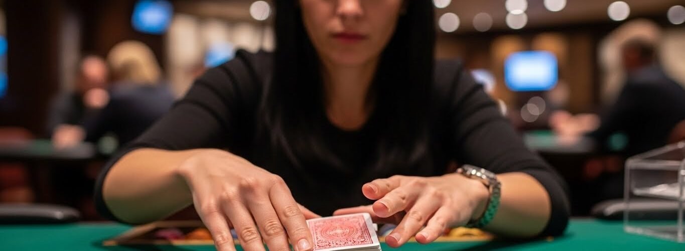 Blackjack Player with Her Hand on the Dealers Deck of Cards